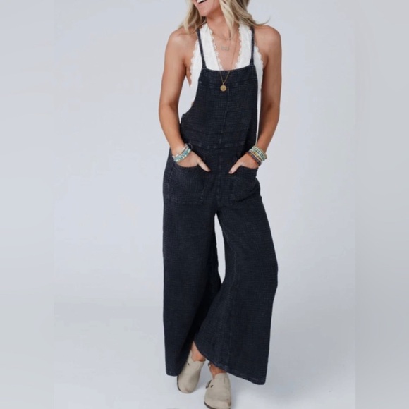 NWT Easel Wide Leg Jumpsuit Jumper Black Overalls Washed Cotton Romper LAST ONE! - Picture 6 of 9